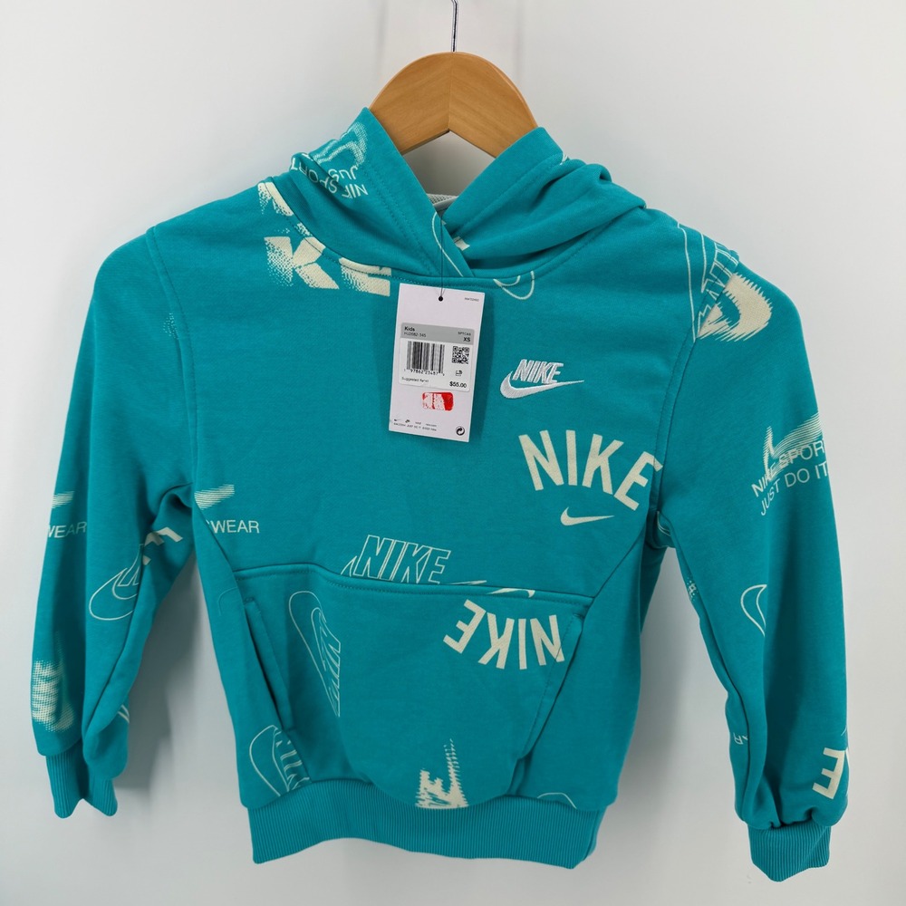 Nike Kids Turquoise All Over Logo Print Hoodie Sweatshirt Youth XS